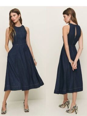 Reformation Pippa Sleeveless Denim Midi Dress Fit Flare A-Line Blue  NWOT
